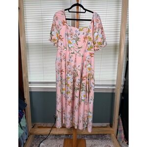 Shein Curve Pink Floral Puff Sleeve Square Neck Midi Dress 1XL Plus Size